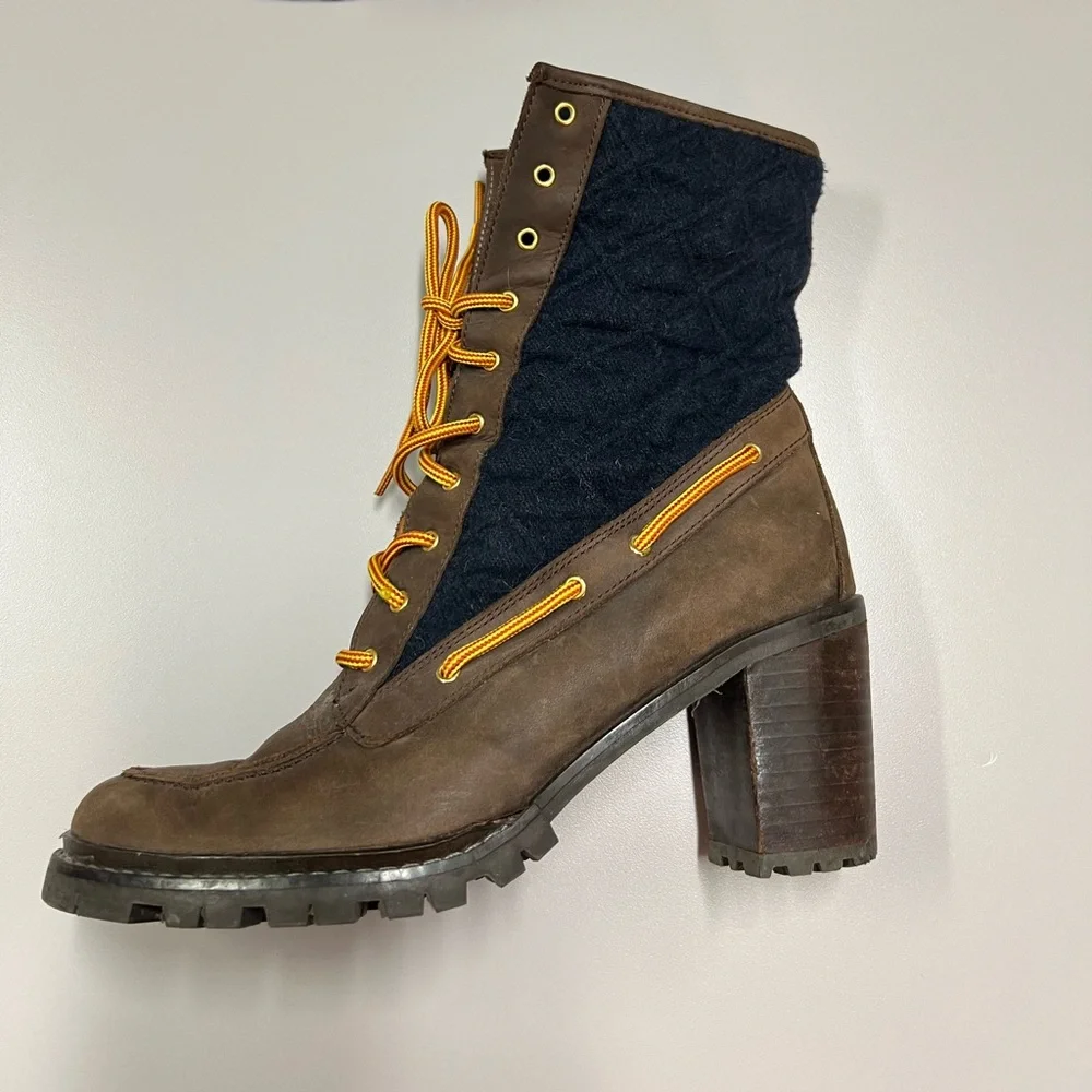 Hunter Henson Boots Navy Quilted Brown Oiled Leather Heeled Size 38 - Picture 5 of 14